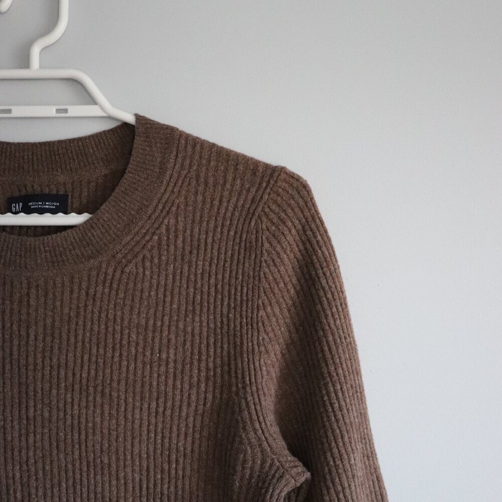 Gap Women's Sz M Brown Long Sleeve Crewneck Ribbed Knit Mini Sweater‎ Dress - Picture 5 of 11